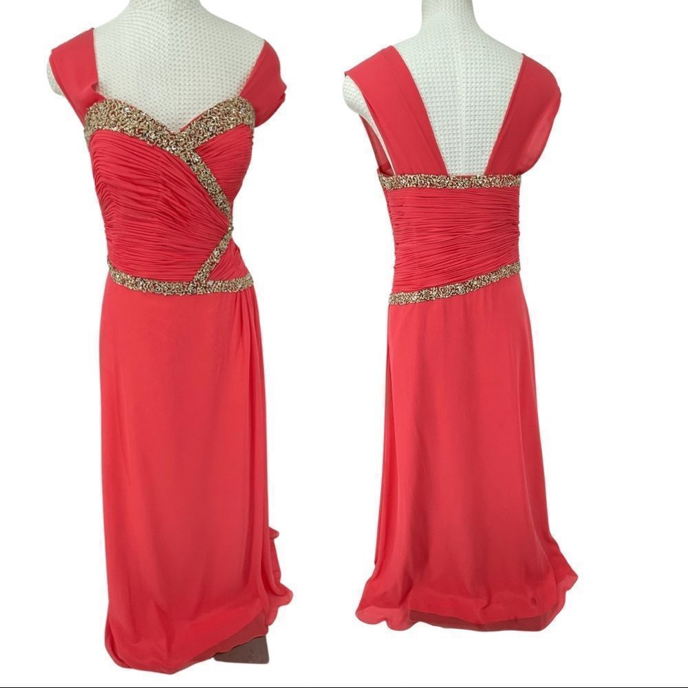 Fiesta XXL Salmon Evening Gown with Gold Beading | Formal Dress